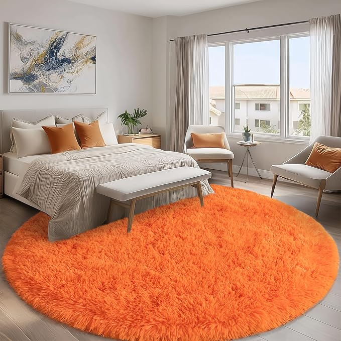 Round Orange Rug for Bedroom, 6 ft Circle Area Rugs for Living Room, Soft Fluffy Shag Carpet for Teen Girls Boys Nursery Room Dorm Home Decor Aesthetic
