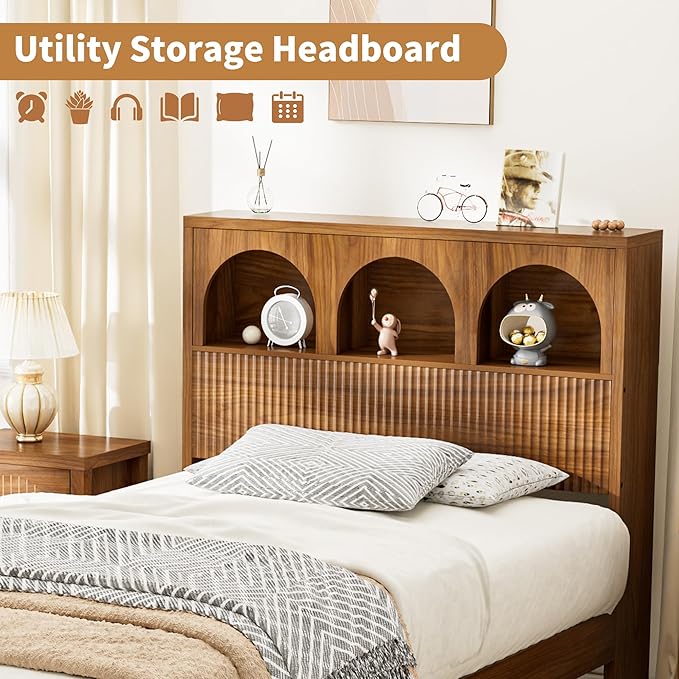 Twin Bed Frame with Wave Headboard, Wooden Headboard with 3 Arched Storage Compartments, Platform Bed with Wood and Metal Slats, No Box Spring Needed, No Noise (Twin-Walnut)