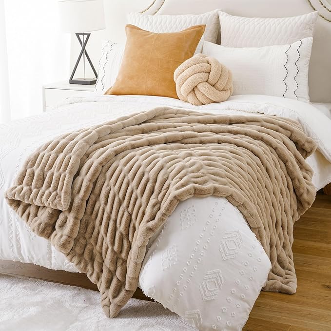 BATTILO HOME Luxury Faux Fur Throw Blanket for Couch, Cozy Plush Soft Blanket for Women, Double Side Ruched Rabbit Fur Blanket for Living Room, 50x60 Inches