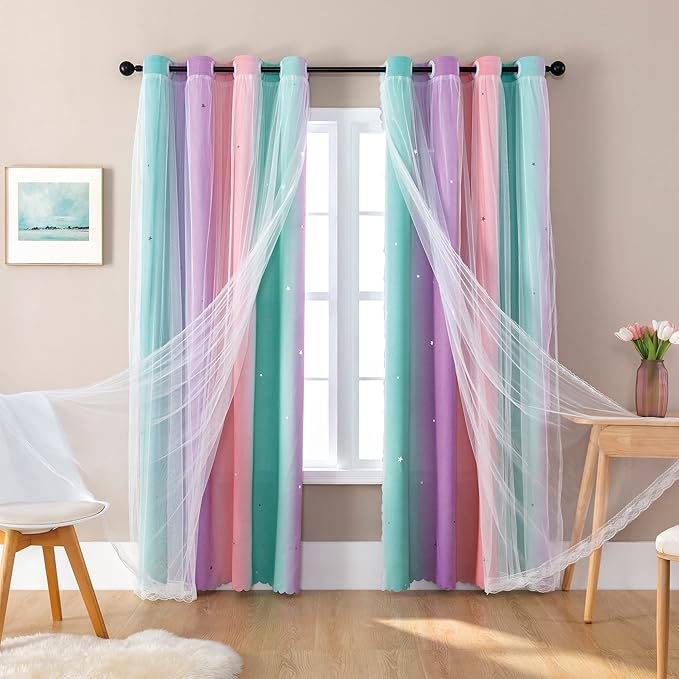XiDi Dream Star Blackout Curtains for Kids Rooms Girl Princess Curtain for Daughter Bedroom Window (Pink Purple Green, W52 X L72)
