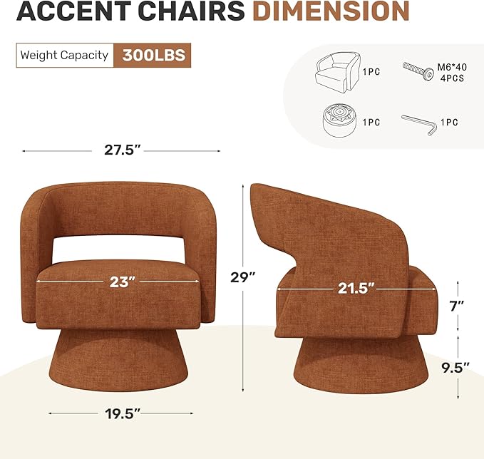 Swivel Accent Chair, Modern Comfy Chenille Barrel Chairs, Oversized Upholstered Round Arm Chair for Living Room, Bedroom, Reading Room, Caramel, 1 PCS