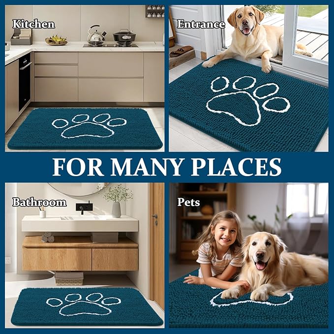 OLANLY Dog Door Mat for Muddy Paws 36x24, Paw Print Design, Absorbs Moisture and Dirt, Absorbent Non-Slip Washable Doormat, Quick Dry Chenille Mud Mat, Entry Indoor Entryway Carpet, Atlantic Blue