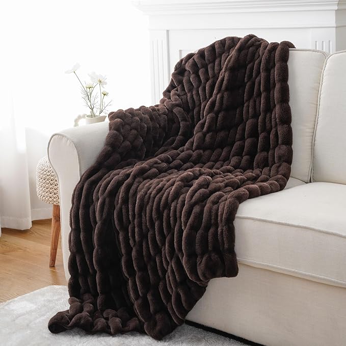 BATTILO HOME Dark Brown Faux Fur Throw Blanket for Couch, Double Side Reversible Ruched Rabbit Fur Blanket for Couch, Bed, Sofa, Soft Warm Mink Cozy Blanket, 50x60 Inch