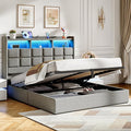 Lift Up Queen Bed Frame with Storage, Upholstered Bed Frame Queen Size with LED Lights Headboard and Charging Station, No Box Spring Needed, Easy Assembly - Light Grey
