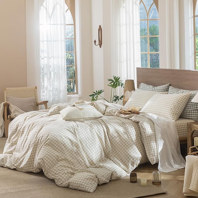 MooMee Gingham Duvet Cover Set 100% Washed Cotton Linen Like Textured Breathable Durable Soft Comfy Modern Checkered Design (Almond Milk Grey Gingham, Palatial King/Oversized King 120"x98")
