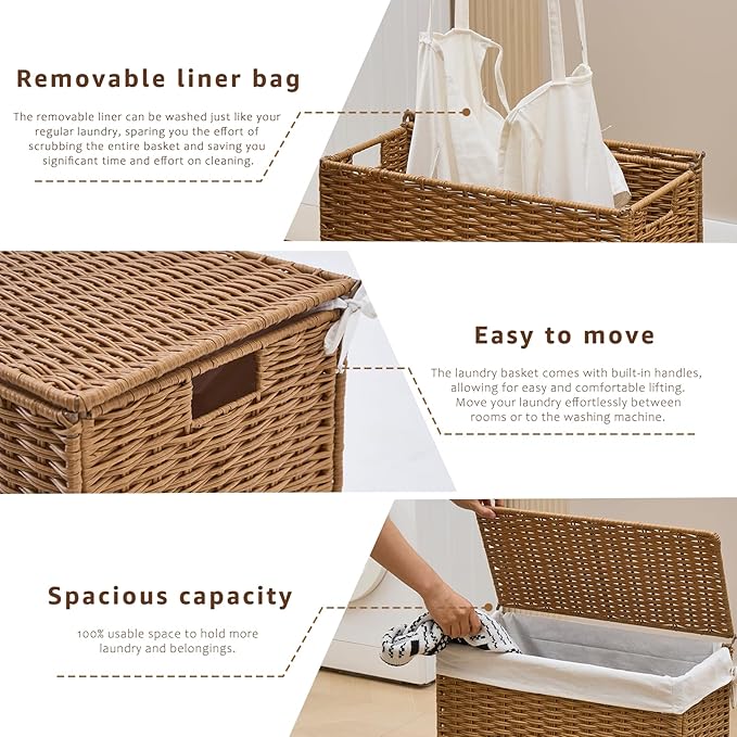 Slim Wicker Laundry Hamper with Lid, 75L Handwoven Rattan Basket with Handles, Narrow Laundry Basket with Removable Liner Bag & 2 Mesh Bags