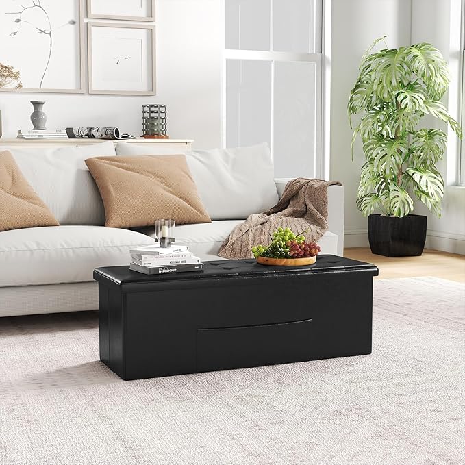 Giantex 43 Inches Folding Storage Ottoman Bench, Upholstered PU Leather Storage Chest with Side Pocket, Padded Seat, End of Bed Bench, Collapsible Ottoman Foot Rest for Living Room, Bedroom & Entryway