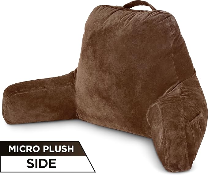 Husband Pillow Aspen Saddle Brown, Reading Pillow Bed Rest Chair, Two-Sided Reversible Fabric, Large Lounge Cushion Adult Backrest with Arms, Comfy Back Support for Sit Sitting Up, Wash/Remove Cover