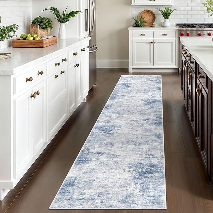 IOHOUZE Abstract Runner Rug 2x10 Ft Washable Runners for Hallways, Non Slip Kitchen Runner Printed Faux Wool Entryway Runner Indoor, Modern Abstract Floor Carpet for Hall Kitchen, Light Blue White