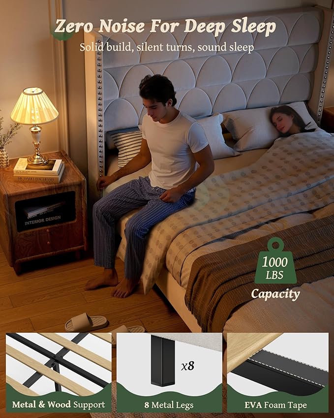 King Size Bed Frame with 56" Headboard - Velvet Upholstered Wingback Platform Bed Frame, Noise Free, Sturdy Wooden Slat Support (Cream, King)