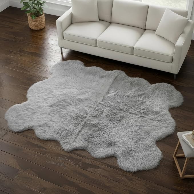 Premium Genuine Sheepskin Rug 5' x 6' Long Fur Soft & Natural Shaggy Living Room Rug, Silver Gray, Six Pelt