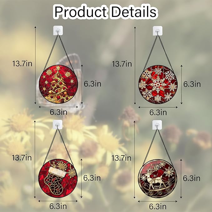 Stained Glass Window Hanging 4 Pcs Set Red Christmas Elk Snowflakes 6.3" - Deer Suncatcher Door Garden Sun Catcher Decor Birthday for Mom Woman Nana Men Friend