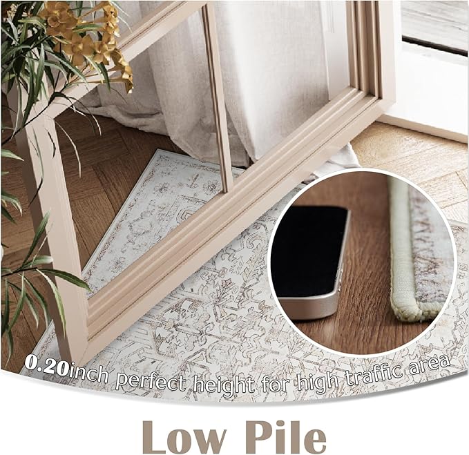 jinchan Lima Runner Rug 2x5 Washable Hallway Runner - Vintage Floral Non Slip Low-Pile Soft Ultra-Thin Kitchen Rug Distressed Carpet for Farmhouse Bedroom Entryway Laundry Room (2x5ft, Taupe)