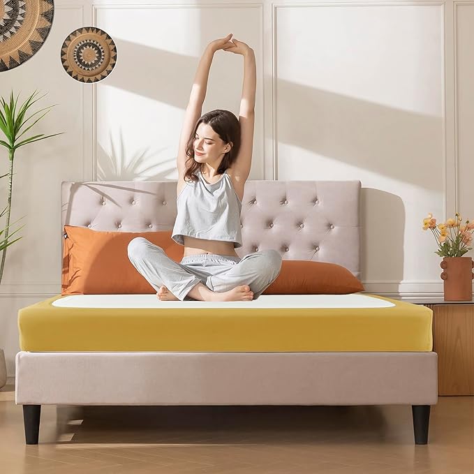 Biscaynebay Decorative Box Spring Cover King & Cal King Size, Gold Luxurious Jersey Knitting Stretchy Wrap Around 4 Sides Bed Skirt for Home/Hotels, Easy Fit Wrinkle & Fade Free Machine Washable