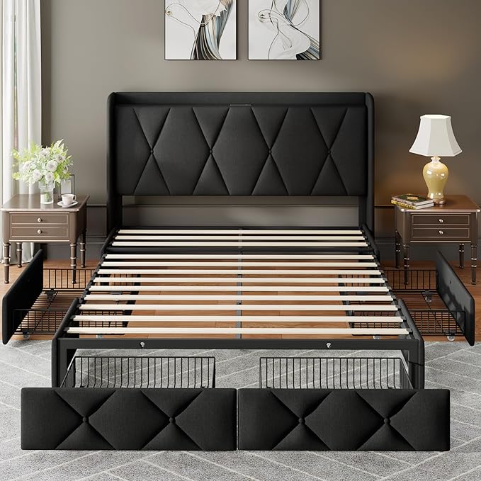 Feonase Full Size Bed Frame with 4 Storage Drawers, Upholstered Platform Bed with Charging Station, Wingback Storage Headboard, Wooden Slats Support, No Box Spring Needed, Easy-Assembly, Black