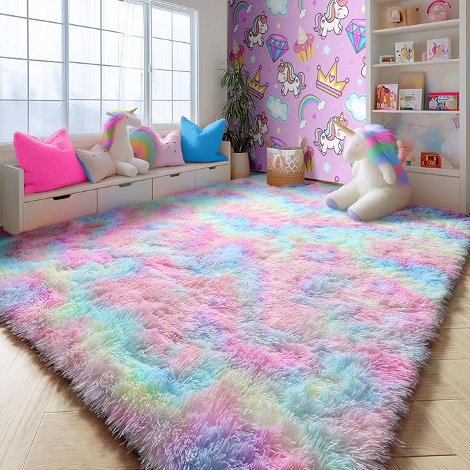 PAGISOFE 9x12 Rainbow Large Area Rug,Plush Rugs for Bedroom Girls,Shaggy Carpet for Kids Room,Fuzzy Nursery Rug for Baby's Toddler's Room,Clorful Room Decor for Teenage Pastel Princess Rug