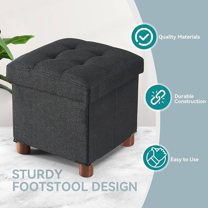 BRIAN & DANY Small Ottoman with Storage, Small Storage Ottoman, Folding Foot Stool with Wood Legs for Living Room and Bedroom Linen Rest Seat, 12.6"x12.6"x12.8" - Black