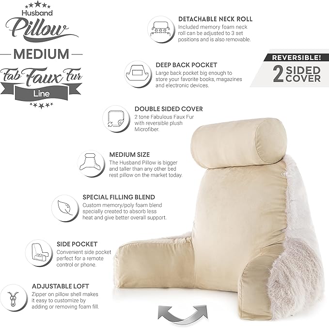 Husband Pillow Medium Baby Golden Wolf Fabulous Faux Fur Backrest, Two-Tone Reversible Double Sided Reading & Bed Rest Pillow with Arms & Neck Roll, Adjustable Memory Foam - Sit Up Extremely Comfy
