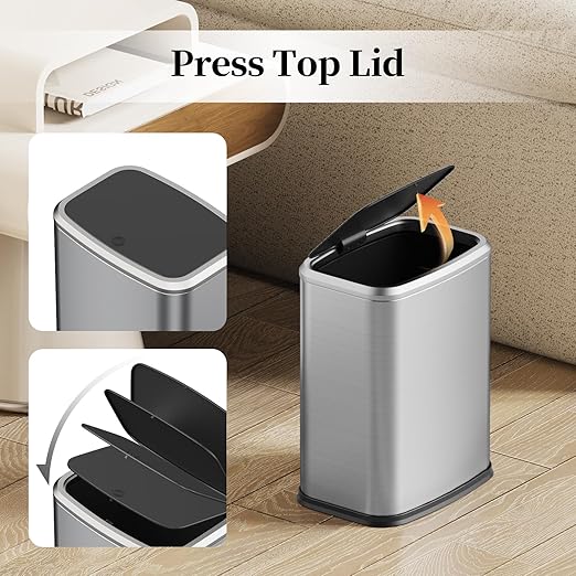 2.1 Gallon Bathroom Trash Can with Lid Press Top, 8 Liter Stainless Steel Garbage Can with Press Type Lid, Slim Trash Bin Waste Basket for Toilet, Office, Bedroom, Living Room (Silver)