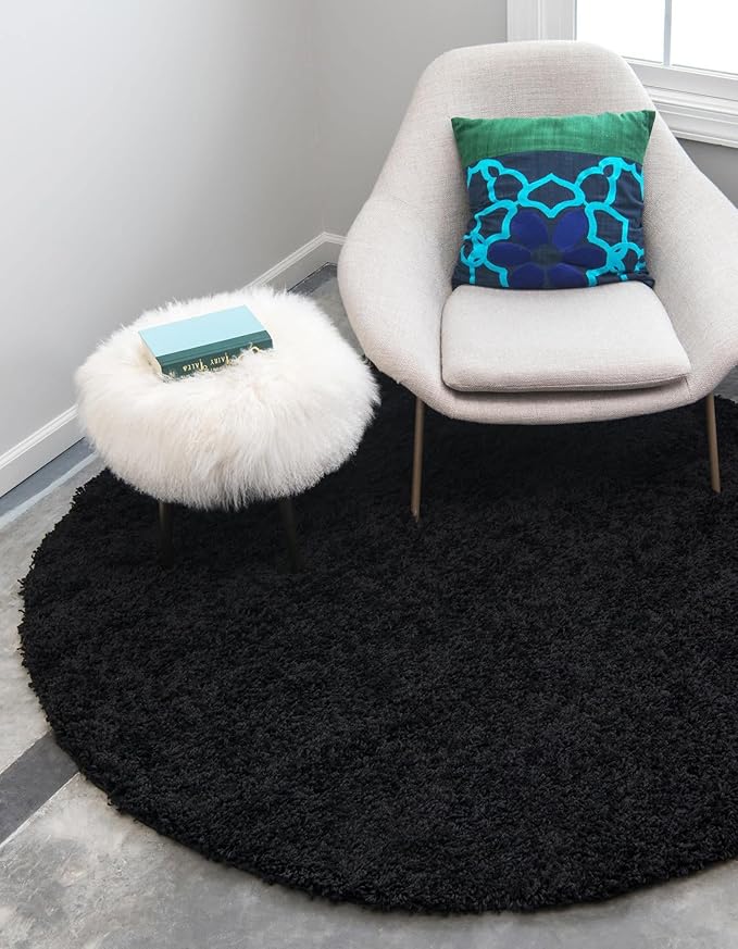 Unique Loom Solid Shag Collection Area Rug (6' 1" Round, Jet Black)