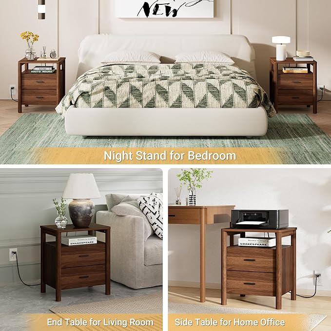 FavourLife Night Stand Set 2, 20" Wide Nightstands Set of 2, Modern Nightstand with Charging Station, 2 Drawer Wooden End Table with Solid Round Post Legs, Bedside Table w/Storage for Bedroom, Walnut