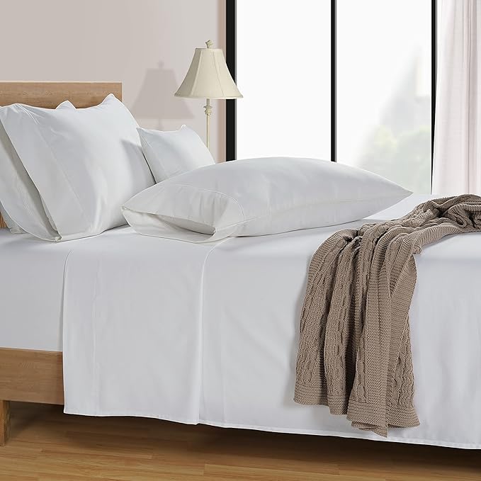 LANE LINEN 600 Thread Count 100% Cotton White Sheets Set Full Size, Fully Elasticized Cotton Hotel Style Thick Full Bedsheets, Soft Silky Sateen Weave for Luxurious Sleep, Machine Wash - White