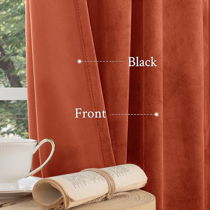 LAMIT Velvet Curtains 120 Inch for Living Room, Terracotta Thermal Insulated Room Darkening Drapes Rustic Vintage Noise Reducing Panels with Back Tab and Rod Pocket, 2 Panels, 52 x 120 Inch