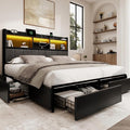Queen Bed Frame with 6 Storage Drawers, Linen Upholstered Headboard, Built-in USB Charging Station & LED Lighting, Silent Metal Support, No Box Spring Needed, Vintage Black