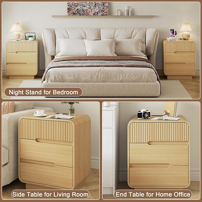 7 Drawer Dresser and 2 Nightstand Sets for Bedroom 3 Pcs Bedroom Set, Modern 47.2" Fluted Dresser with Invisible Handles Nightstand Charging Station, Bedroom Furniture Set for Living Room, Natural