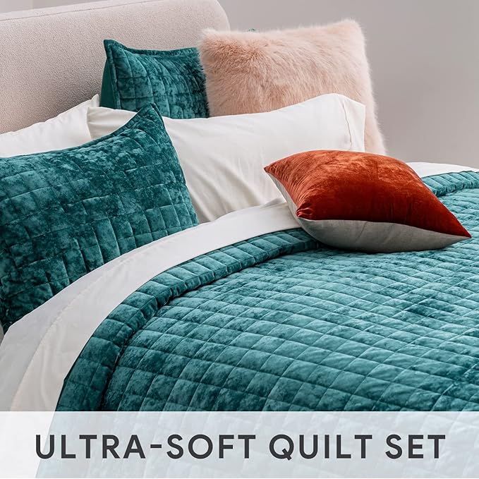 RECYCO Luxury Velvet Quilt Set King Size, Lightweight Velvet Comforter Set, Oversized Bedspread Coverlet Quilted Bedding Set, with 2 Matching Pillow Shams, for All Season, Teal