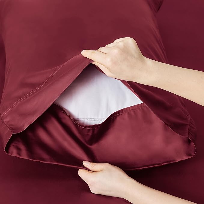 Bedsure Full Size Bed Sheets, Cooling Sheets, Rayon Derived from Bamboo, Breathable & Soft, Deep Pocket Up to 16 Inches, Hotel Luxury Silky Bedding for Hot Sleepers, Burgundy
