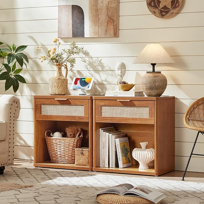 LEYAOYAO Rattan Nightstand with Charging Station, Tea Brown Night Stand with Drawer, 23" Wide Boho Bedside Table with Storage Shelf, Bed Side End Tables for Bedroom, Living Room, Hallway