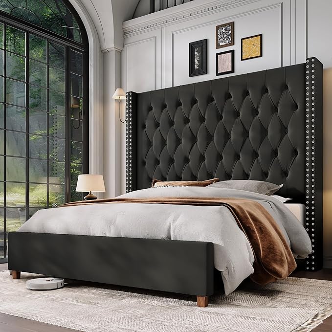 Jocisland King Size Bed Frame with 61.4" Tall Headboard, Velvet Upholstered Wingback Platform Design, Handcrafted Pleats& Deep Button Tufted, Solid Wood Legs, No Box Spring Needed, Black