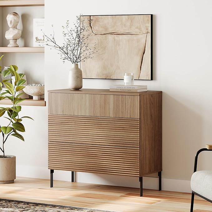 WAMPAT 31.5" W Fluted Dresser for Bedroom, Modern 3 Drawer Dresser TV Stand with Hidden Handles, Wooden Chest of Drawers Closet Clothes Storage Organizer for Bedroom, Living Room, Light Walnut