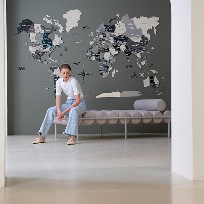 Handmade 3D Wood World Map Wall Art Large Wall Decor Track Your World Travels - Special for Home, Kitchen and Office (Nordik, Medium)