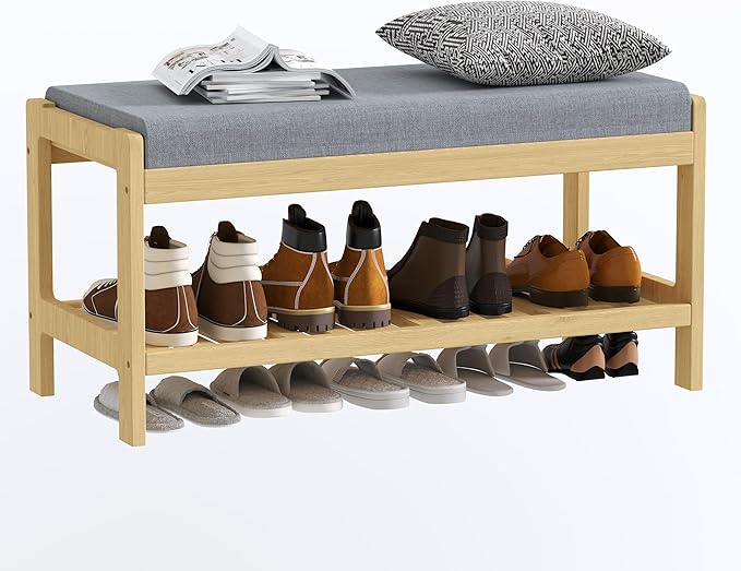 Shoe Bench Entryway, Solid Wood 2-Tier Shoe Rack Bench with Padded Seat, Shoe Organizer for Hallway Living Room, Mudrooms, Natural