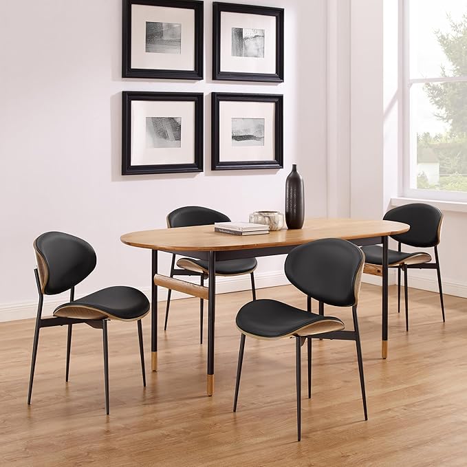 Art Leon Genuine Leather Dining Chairs Set of 2, Mid Century Modern Chair, Upholstered Kitchen Dining Room Chairs, Armless Accent Chair with Black Walnut Bendwood, Black