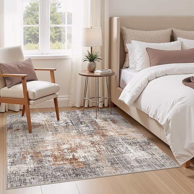Square Area Rug Living Room Rugs - 6x6 Washable Large Soft Indoor Neutral Modern Abstract Low Pile Rug Carpet for Bedroom Dining Room Farmhouse Home Office - Grey Brown