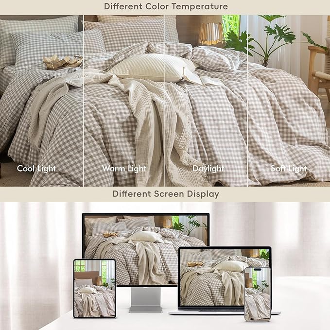 MooMee Gingham Duvet Cover Set 100% Washed Cotton Linen Like Textured Breathable Durable Soft Comfy Modern Checkered Design (Tannish Linen Grey Gingham, Super Queen 90"x98")