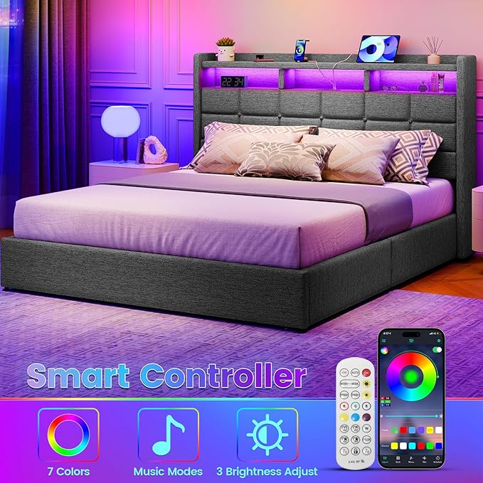Lift Up Queen Bed Frame with Storage, Upholstered Bed Frame Queen Size with LED Lights Headboard and Charging Station, No Box Spring Needed, Easy Assembly - Dark Grey