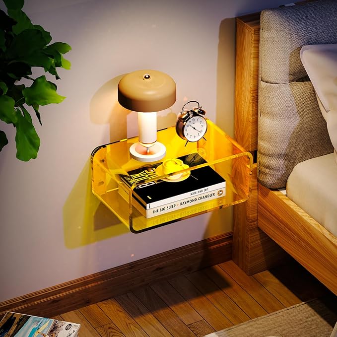 Acrylic Floating Nightstand, Bedside Table, Nightstand Shelf Wall Mounted Bedside Shelf (Yellow, Small)