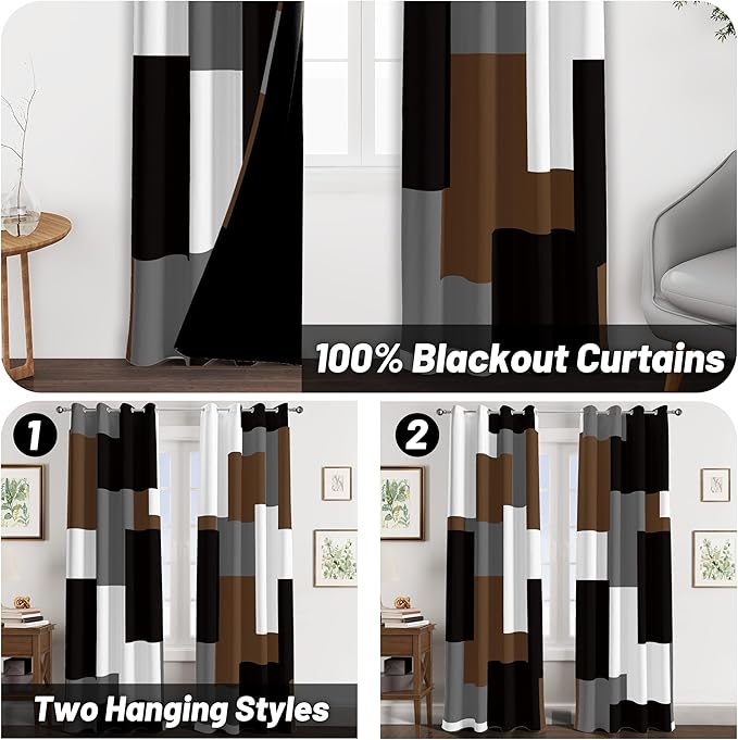 Brown 100% Blackout Curtains for Bedroom 63 inch Long 2 Panels Set Black White Gray Modern Abstract Geometric Black Out Curtains Insulated Room Darkening Window Drapes for Living Room, 52Wx63L