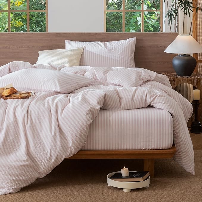 MooMee Striped Duvet Cover Set 100% Washed Cotton Linen Like Textured Breathable Durable Soft Comfy (Heathered Greyish Pink Classic Stripes, Queen 90"x90")