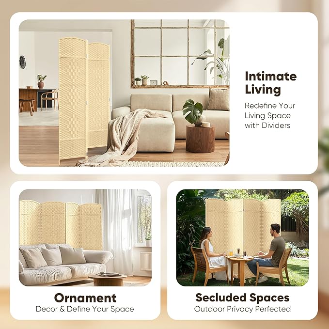 JOSTYLE Room Divider Wall 4 Panel 6FT Room Divider Panel, Privacy Divider Screen for Room Separation, Folding Parition Screen Freestanding for Bedroom Home Office Restaurant, Ivory White