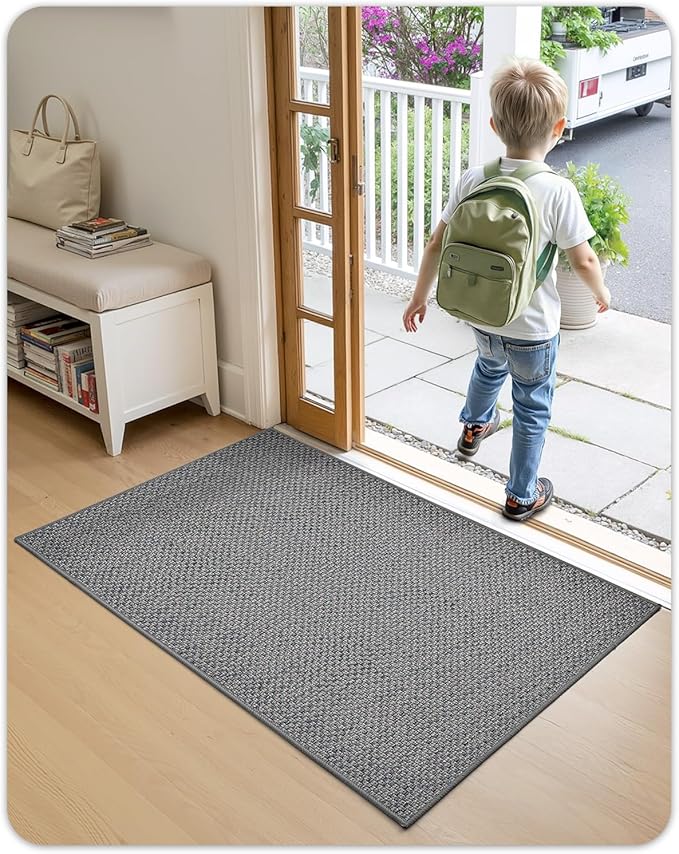 Color&Geometry Ultra-Thin Indoor Door Mat, 36"x56" Low-Profile Non-Slip Entryway Rug with Modern Geometric Texture, Washable Doormat for Indoor Entrance, Front Door, Light Grey (Rolled-up NO Creases)