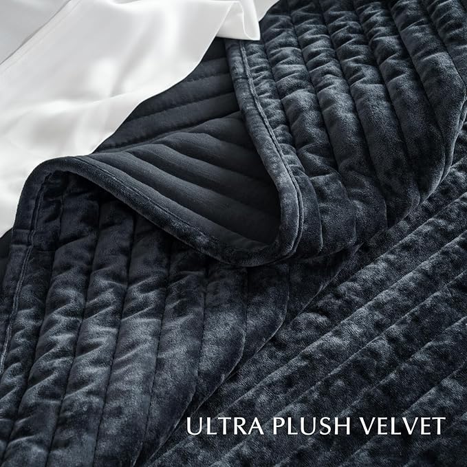 EVERGRACE Velvet Quilt Set King Size, Luxurious Soft Striped Channel Bedding Set, Lightweight Velvet Comforter for All Season, Oversized Bedspread Coverlet with 2 Matching Shams, Black