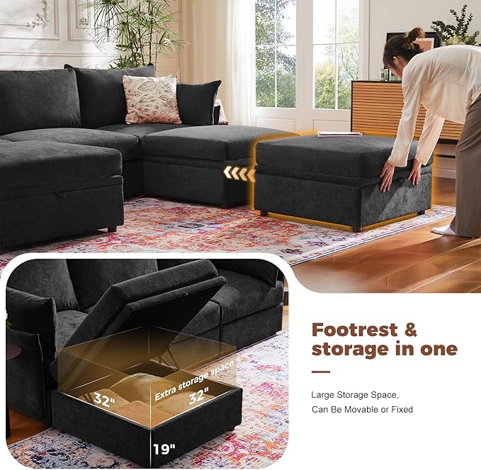 ABCASA Luxury Modular Sectional Sofa, L-Shaped 3-Seat Couch with Storage Ottoman Deep Seat & Reversible Chaise Lounge Chenille Black for Compact Spaces, Apartments, Dorm