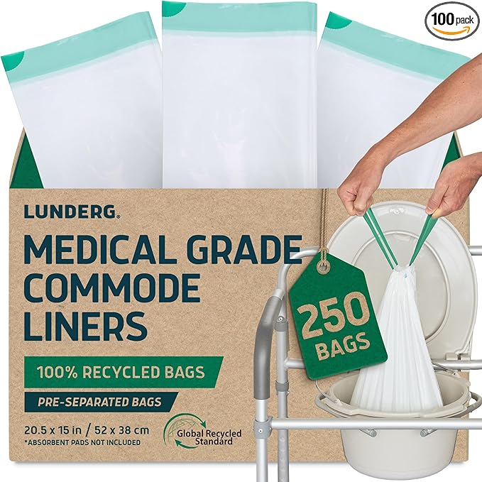 Lunderg Recycled Commode Liners - 250 Environment Friendly Portable Toilet Bags - Medical Grade Bedside Commode Liners Disposable - Universal Fit & Easy to Use - Absorbent Pads NOT included