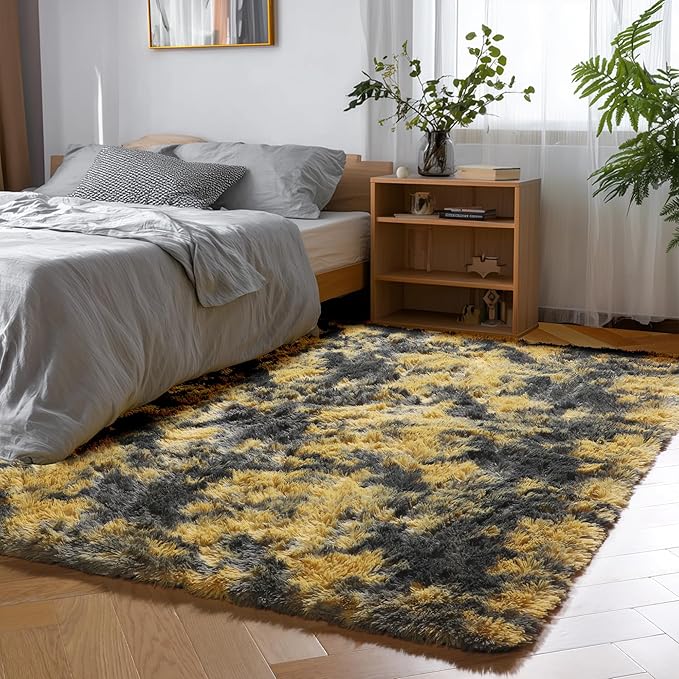 PAGISOFE Black and Yellow Fluffy Shag Area Rugs for Bedroom 5x7, Soft Fuzzy Shaggy Washable Rugs for Living Room, Plush Rug for Kids Room Furry Boys Carpet for Teen Dorm Black Room Decor Dark Yellow