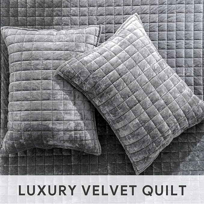 RECYCO Luxury Velvet Quilt Set Full Queen Size, Lightweight Velvet Comforter Set, Oversized Bedspread Coverlet Quilted Bedding Set, with 2 Matching Pillow Shams, for All Season, Gray